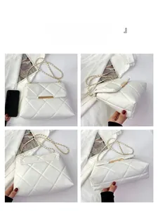 Multi-angle views of white quilted chain bag showing front, back and bottom details