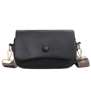 Retro black leather crossbody bag with colorful bohemian wide strap and gold hardware