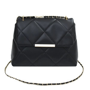 Classic black quilted crossbody bag with gold hardware and chain strap on white background