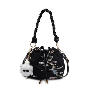 Fashionable black bucket bag with embroidery and white plush sheep charm pendant