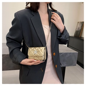 Close-up of golden quilted mini crossbody bag with crystal star and chain strap on model