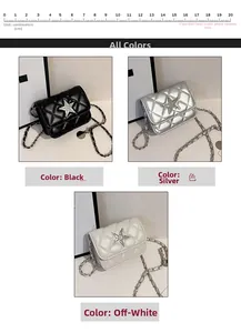 Vertical view of mini quilted chain bags in black, silver and beige with star buckle