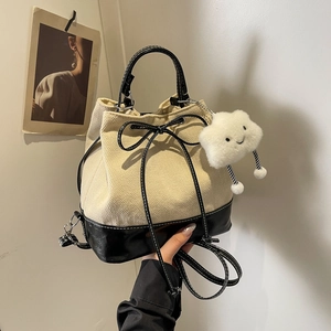 Women Minimalist Canvas PU Stitching Bucket Bag Herringbone Pattern Contrast Color Drawstring Shoulder Bag With Cloud Charm