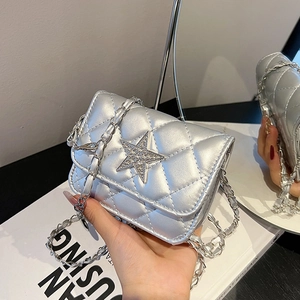 Silver quilted leather mini crossbody bag with crystal star and chain strap