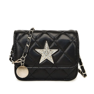 Mini black quilted leather crossbody bag with sparkling rhinestone star and chain strap