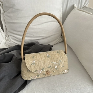 Women Straw Woven Underarm Bag Fresh Floral Embroidery Shoulder Bag Bohemian Summer Vacation Handbag With Metal Lock