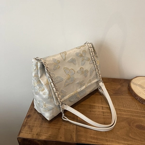 Fourre-tout Vintage Broderie Papillon Carreaux Pois pour Femmes Mode Tissu Chaîne Bandoulière Rabat Sac à Main Quotidien