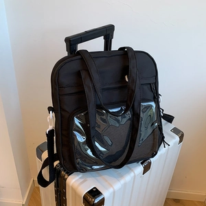 Borsa tote in nylon nero stile giapponese con finestra in PVC trasparente e tracolla