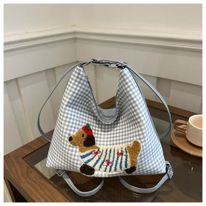 Detailed blue and white gingham bag featuring a cute dachshund puppy embroidery detail