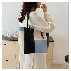 Detailed shot of large color-block tote bag in blue and beige with black leather straps