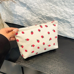 Graziosa Borsa da Trucco in Velluto a Coste con Stampa a Fragola per Donna Pochette Cosmetica Portatile con Cerniera Piccola Clutch