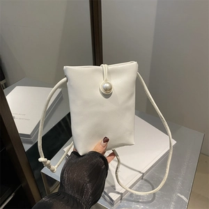 Minimalist French Style Mini Mobile Phone Bag For Women PU Leather Faux Artificial Pearl Decor Small Square Crossbody Bag Braided Strap