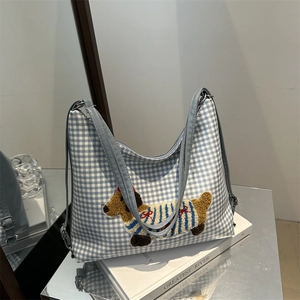 Blue plaid canvas shoulder bag with cute dachshund puppy embroidery and light blue strap