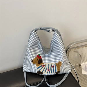 Chic blue gingham tote bag with cute dachshund puppy embroidery and blue leather straps