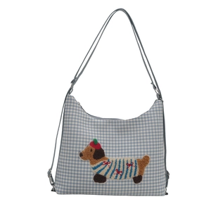 Blue and white gingham shoulder bag with dachshund embroidery and slim strap