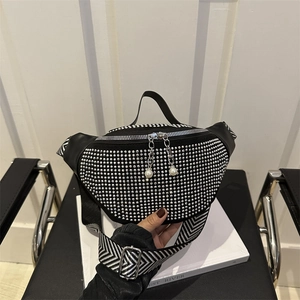 Sac Banane de Mode en Strass pour Femmes en Cuir PU Sac de Poitrine Avec Bandoulière Large Géométrique Charme de Künstliche Perle