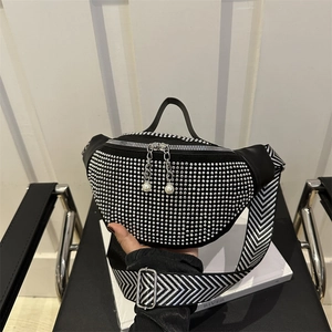 Women Fashion Rhinestone Waist Bag With Wide Herringbone Strap And Artificial Pearl Zipper Pull PU Leather Trendy Chest Bag For Daily