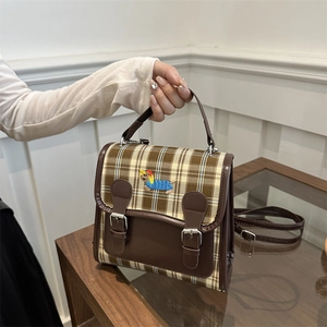 Sac à dos vintage à carreaux pour femme avec broderie chien et bandoulière