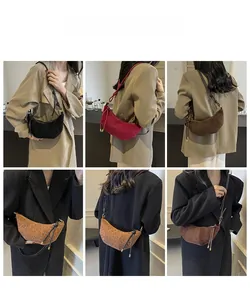Collage of minimalist croissant bags in various colors with knotted strap details