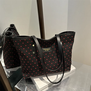 Women Preppy Style Canvas Tote Bag Large Capacity Polka Dot Heart Pattern Korean Fashion Handbag Commuter Shoulder Bag