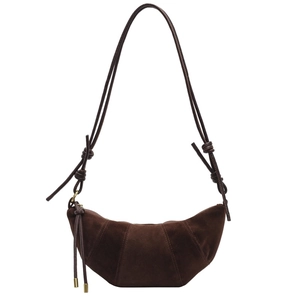 Minimalist chocolate brown suede croissant bag with adjustable knotted shoulder strap