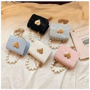 Mini heart buckle pearl bags in black, blue, beige, grey and pink colors for women