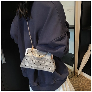 Detail of retro grey plaid frame bag with metal handle and elegant lace texture
