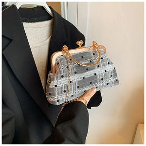 Detail of retro lace mesh evening bag with black polka dots and gold metal frame