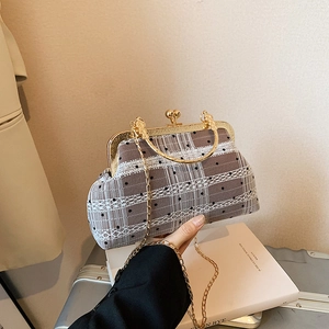 Vintage Lace Polka Dot Crossbody Bag Plaid Fabric Metal Frame Kiss Lock Handbag Elegant Party Shoulder Bag For Women