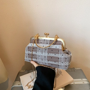 French retro frame bag with brown plaid lace and vintage kiss-lock metal handle