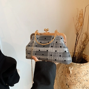 Retro lace polka dot frame bag with gold chain strap and metal handle for women