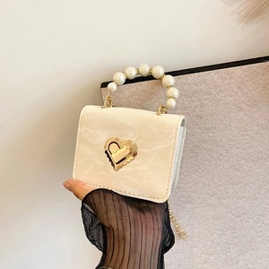 Mini cream pearl handle handbag with gold heart lock and marble texture vegan leather