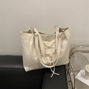 Women's Korean Style Large Capacity PU Leather Tote Bag Minimalist Lace-up Bow Decor Urban Daily Commute Shoulder Handbag Fashion