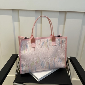 Sac Tote Femme Grande Capacité Broderie Motif Vagues Sac à Main en Nylon Urbain Minimaliste Décontracté Fourre-Tout