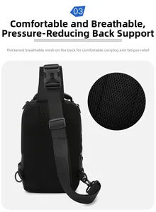 Detail of the men's black chest bag featuring thick breathable mesh and padded back support
