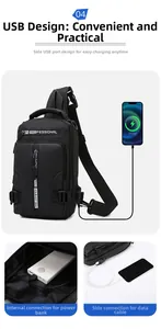 Detail of multi-functional black chest bag featuring integrated USB charging port and cable