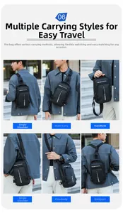 Detailed views of a black nylon chest bag showing multiple carrying modes and compartments