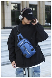 Close-up of blue water-resistant nylon chest bag with multi-zipper and woven strap
