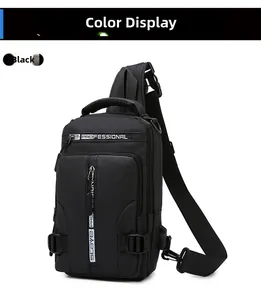 Detail of waterproof crossbody bag showing multiple zippers, buckles and USB charging port