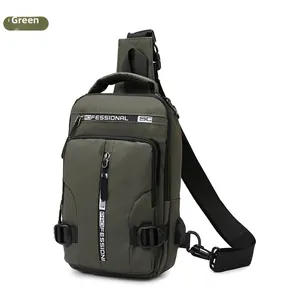 Detail view of dark green nylon sling bag with professional lettering and metal buckle
