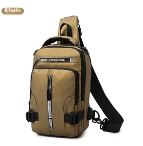 Detail view of khaki waterproof crossbody bag with smooth nylon texture and buckle