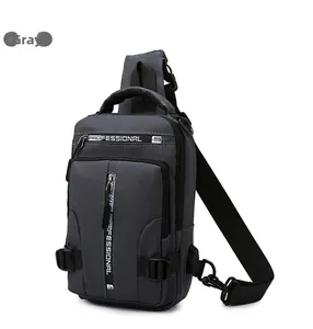 Detailed view of gray waterproof sling bag with multiple zip compartments and logo