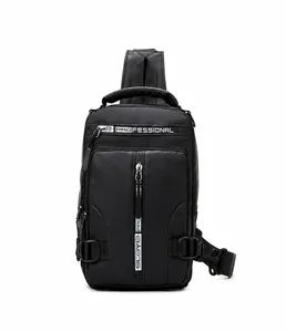Front view of black waterproof nylon sling bag with professional utility zippers