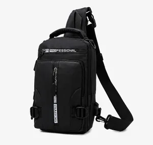 Side view of black waterproof nylon crossbody chest bag with multiple zip compartments