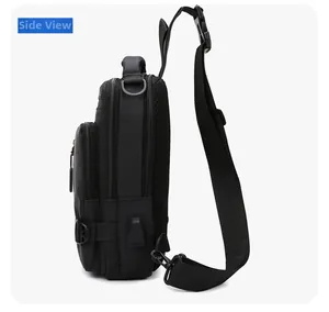 Side view of black nylon chest bag showing breathable mesh and external mounting points