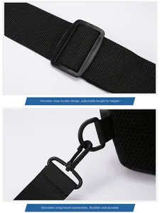 Detail of adjustable nylon shoulder strap with durable plastic buckle and swivel spring hook