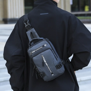 Waterproof professional men's chest bag in grey nylon fabric with adjustable straps