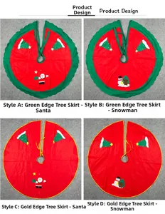 Detail of four festive red felt Christmas tree skirts with Santa and snowman appliques