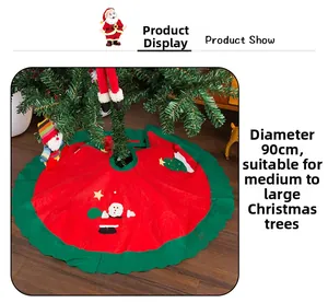 Detail of 90cm Christmas tree skirt featuring Santa applique and green wavy edge