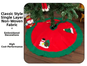 Detail of red and green Christmas tree skirt with snowman and bear applique on non-woven fabric